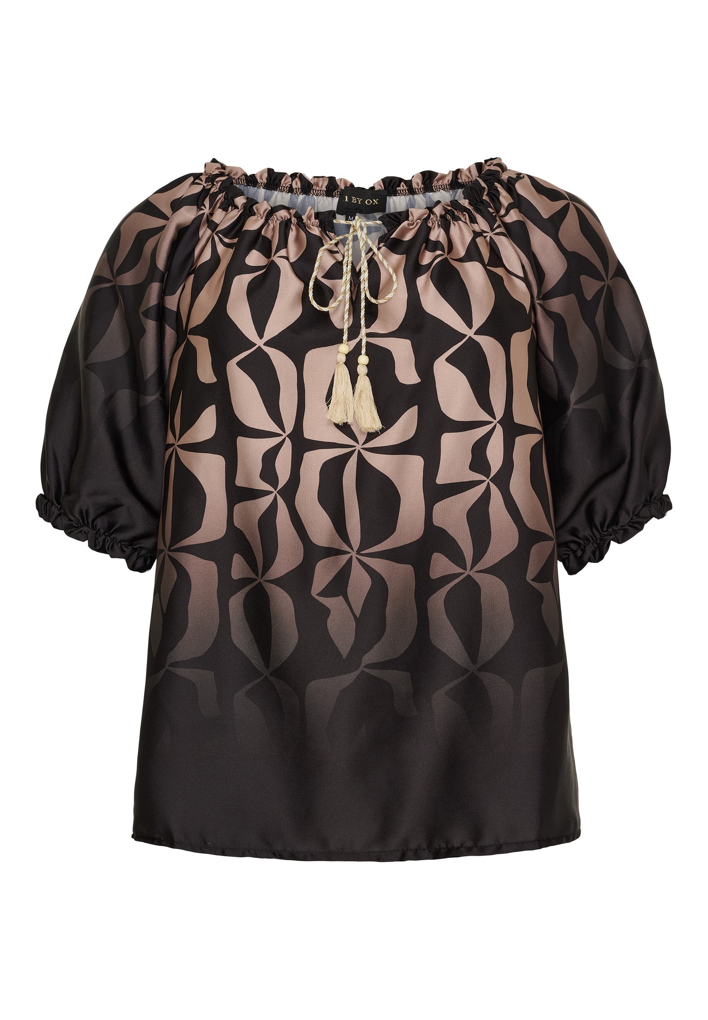 NO. 1 BY OX Elegant bluse med flæse detaljer Bluser Camel and Black Graphic print