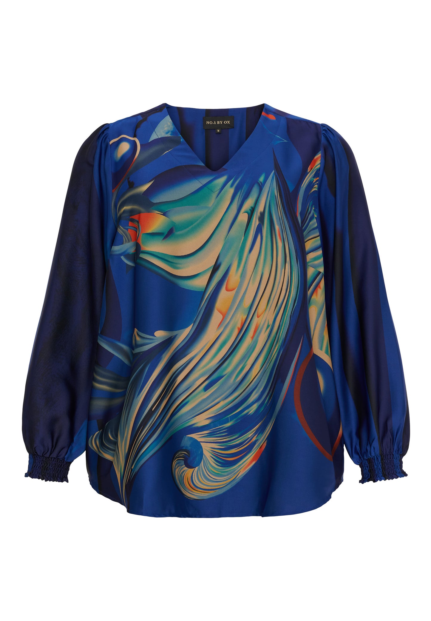 NO. 1 BY OX Elegant bluse med V-udskæring Bluser Dark Cobalt Blue w big graphic print