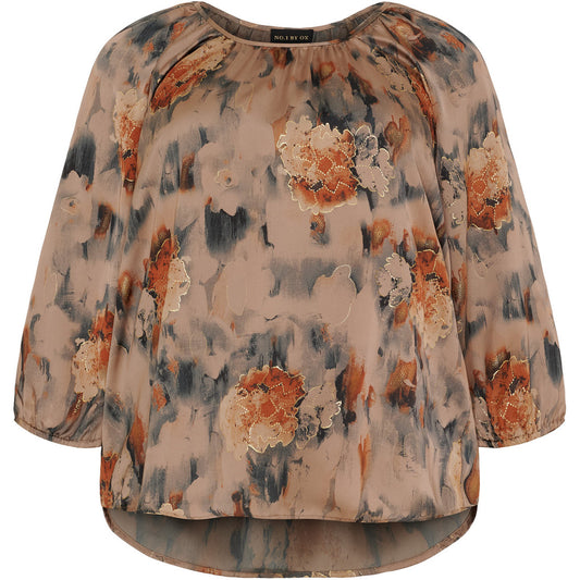 NO. 1 BY OX Elegant bluse med eksklusive gulddetaljer Bluser Warm sand w Apricot flowers and gold foil
