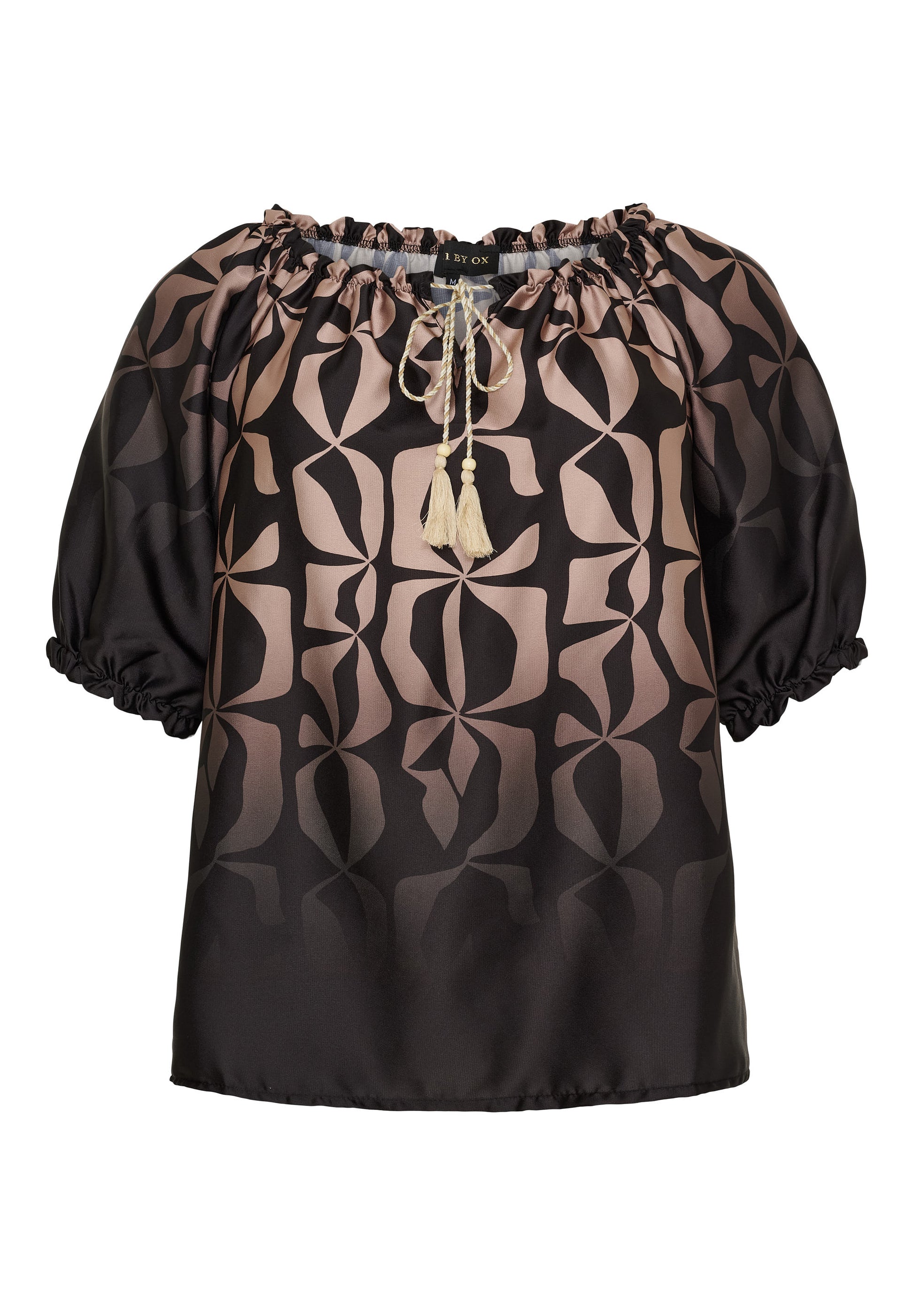 NO. 1 BY OX Elegant bluse med flæse detaljer Bluser Camel and Black Graphic print