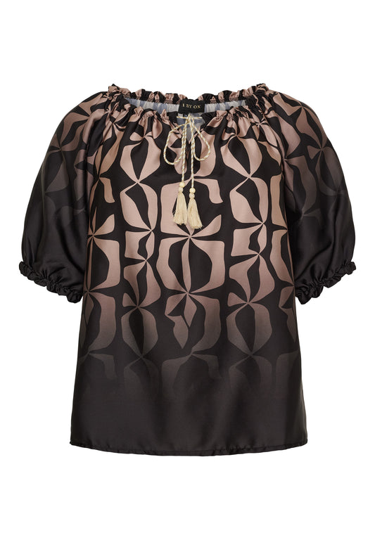 NO. 1 BY OX Elegant bluse med flæse detaljer Bluser Camel and Black Graphic print
