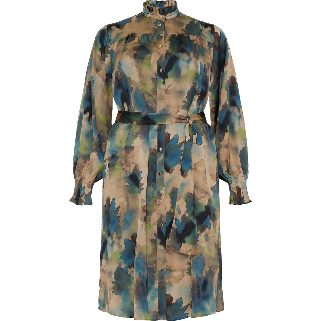 NO. 1 BY OX Feminin kjole med flæsedetaljer og bindebånd Kjoler Sand with Blue and Green watercolor flowers