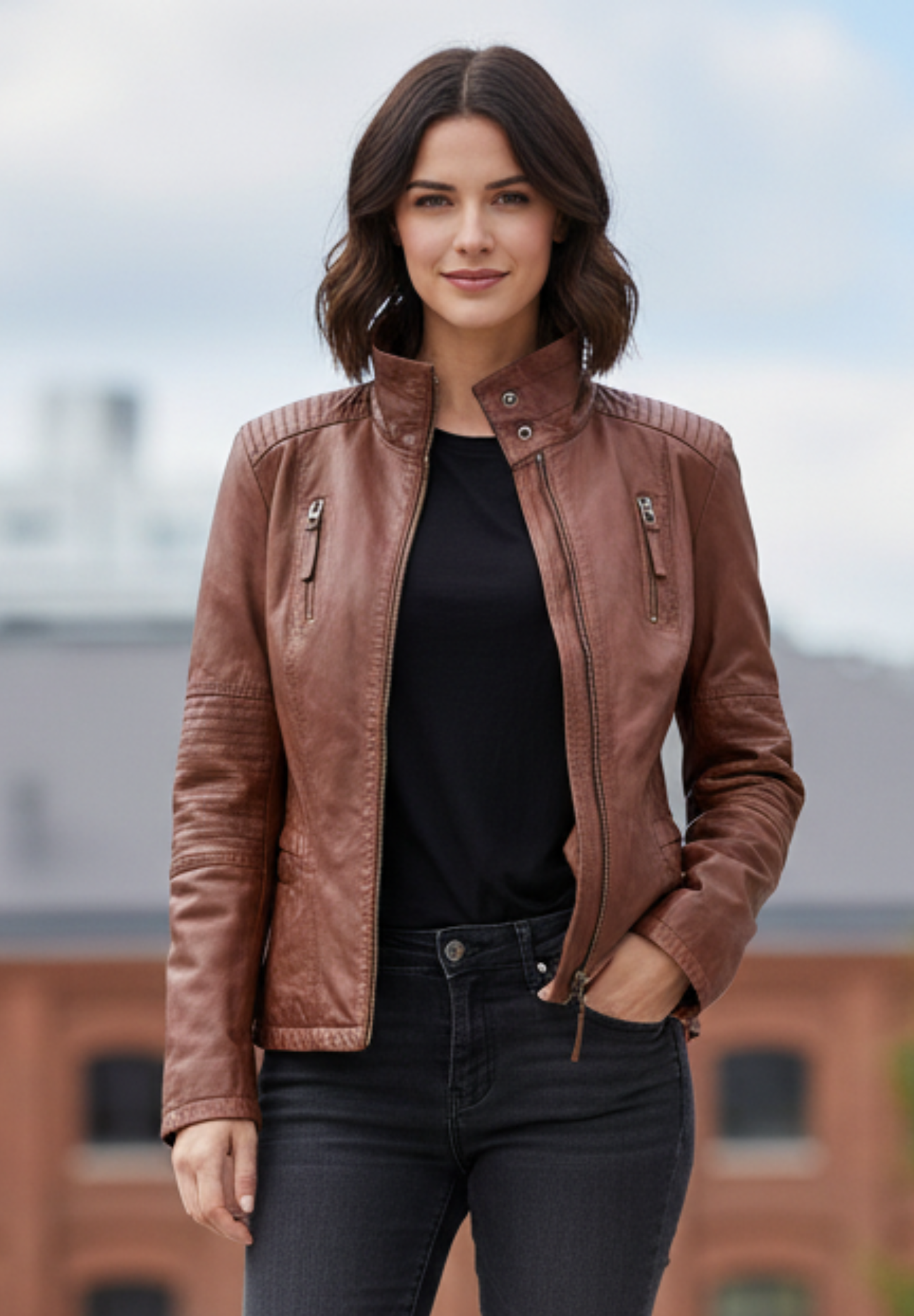 Stocklots Læderjakke med høj hals Jakker Brun