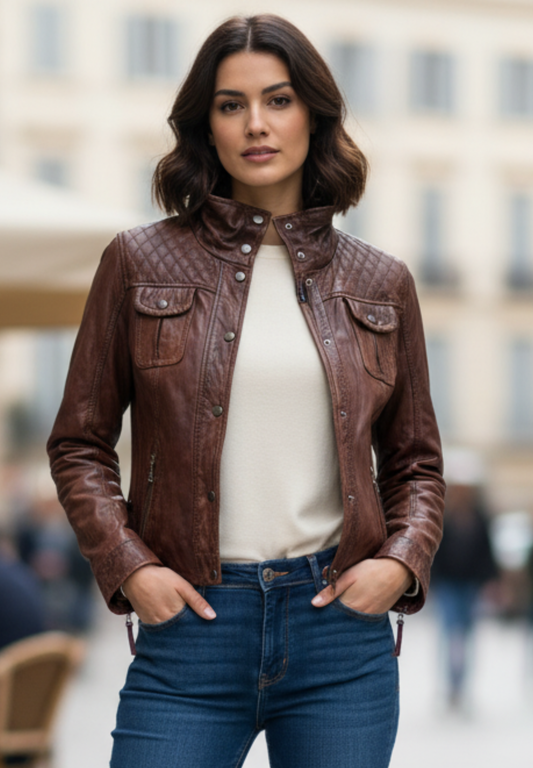 Stocklots Læderjakke med rå detaljer Jakker Brun