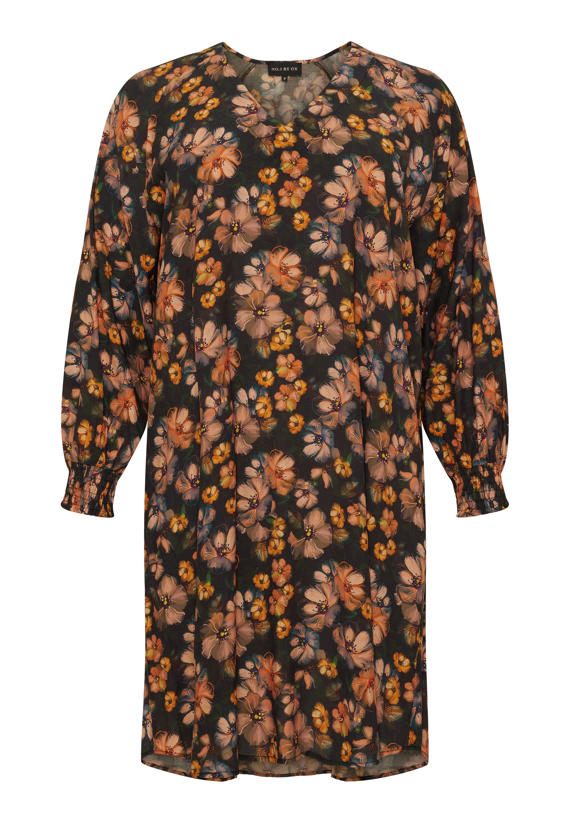 NO. 1 BY OX Løs V-hals kjole med lange ærmer og smock manchetter Kjoler Black w Marmalade Rose flowers