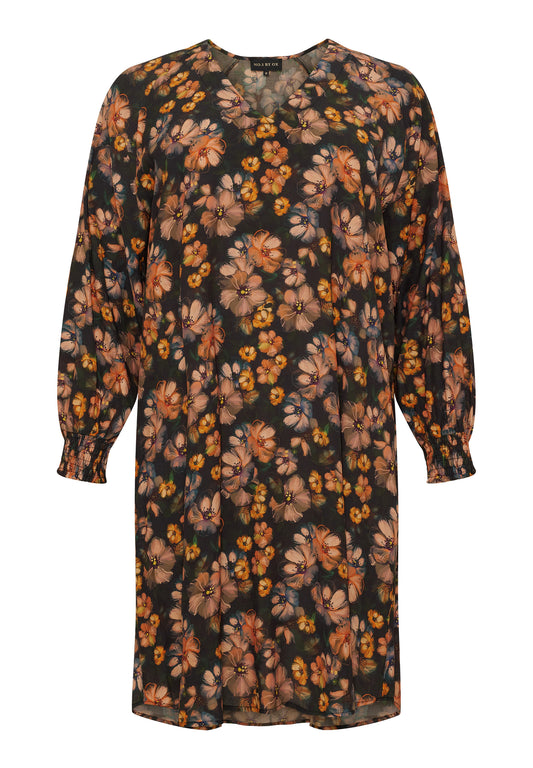 NO. 1 BY OX Løs V-hals kjole med lange ærmer og smock manchetter Kjoler Black w Marmalade Rose flowers